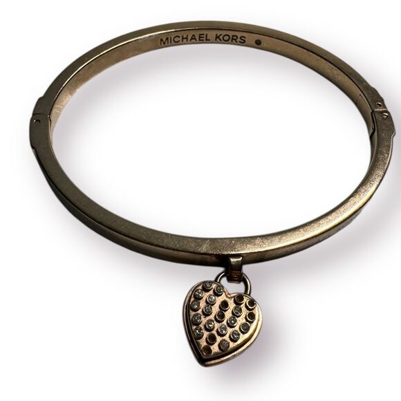 Michael Kors Heart Rose Gold Bangle Bracelet Crystals Glam Retro